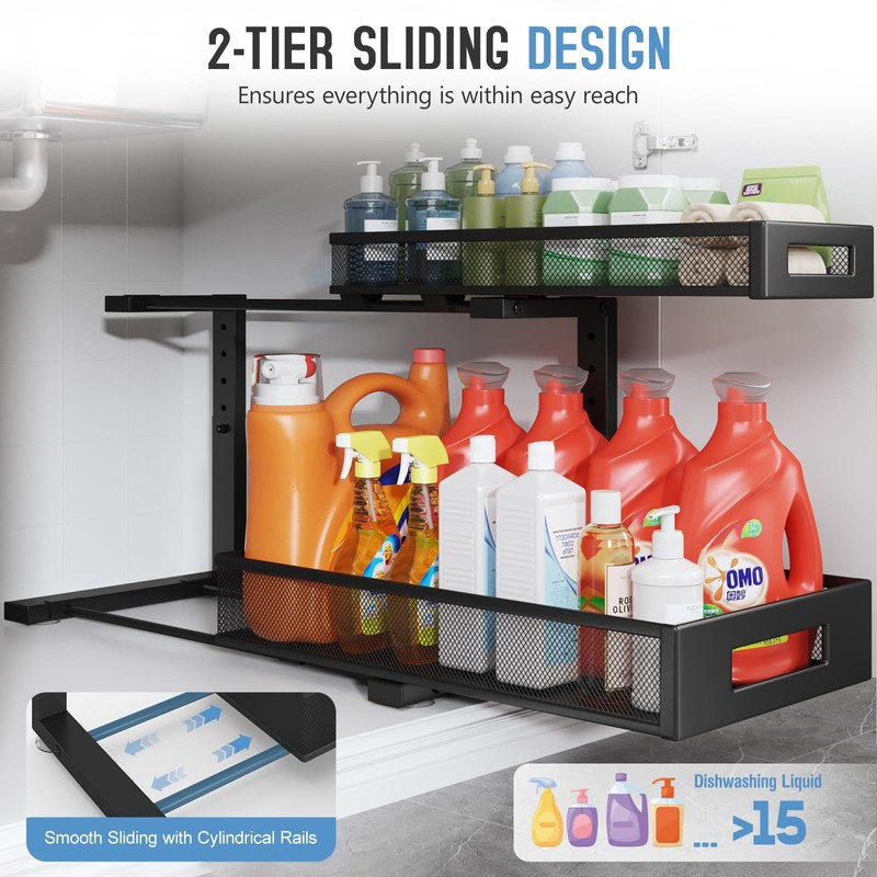 1 Pack 19IN Depth Under Sink Storage Organizer, Large 2-Tier