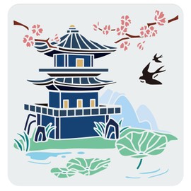 FINGERINSPIRE Oriental Pagoda Stencil 11.8x11.8inch Ancient Tower Stencil Cutout Drawing Templates Architecture Cherry Blossoms Swallow Lotus Leaf Hills Branch Painting Stencil for Home Decoration