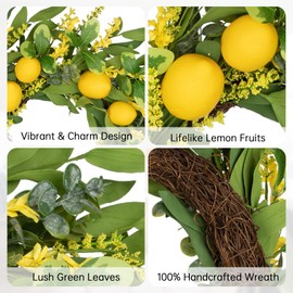 Lemon Wreaths for Front Door 20 inch Spring Door Wreath Small Artificial Wreath with Wildflowers Lemons for Spring Decor Greenery Wreath for Home Kitchen Wall Window Farmhouse Indoor Outdoor Deocr