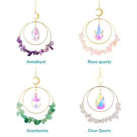 Rose Quartz Suncatcher Crystal Ornament, Sun Catcher Gift for Moms, Gold Circle Hanging Sun Catchers for Car, Crystal Window Hanging, Round Gemstone Prism, Boho Garden Decor (Rose Quartz)