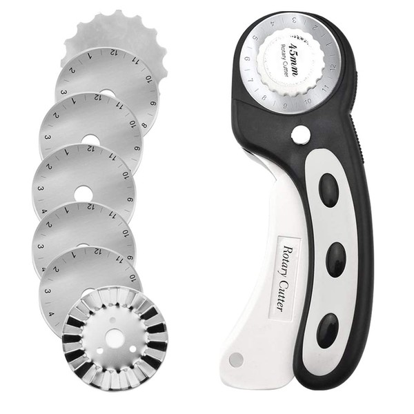 45mm Rotary Cutter with 7pcs Replacement Blades, Ergonomic Handle Rolling