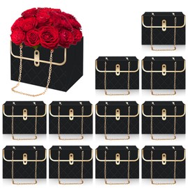 Whaline 12Pcs Paper Floral Bag with Metal Chain Bouquet Storage Bucket Florist Box Flower Bouquet Wrapping Basket Handbag for Mother's Day Wedding Birthday Party, Black