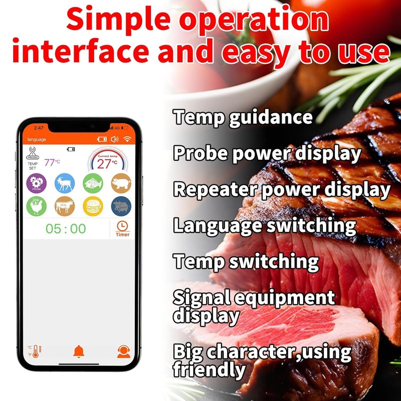 500ft Smart Bluetooth Meat Thermometer with IP66 Waterproof, Food Thermometer