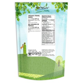Organic Fennel Seeds, 8 Ounces - Whole, Non-GMO Spice, Non-Irradiated, Vegan, Dry, Bulk, High in Dietary Fiber, Manganese, Copper, Iron, Magnesium, and Calcium. Foeniculum Vulgare.