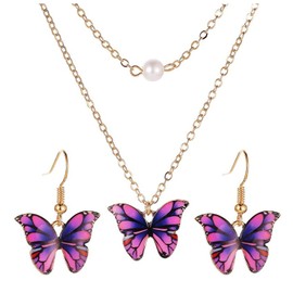 Butterfly Necklace Earrings Set Faux Pearl Pendant Double Chain Jewelry for Women Girls Teens Gold Plated (Purple)