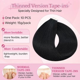 SEGO Pro Tape in Hair Extensions Real Human Hair 18 Inch 10 Pcs 15g Invisible Seamless Straight Tape Extensions for Women, Jet Black