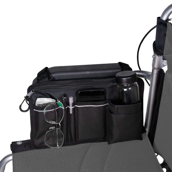 Wheelchair Side Bag,Double-Sided Armrest Pouch with Cup Hold and Reflective