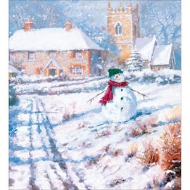 Woodmansterne Artistic Charity Christmas Cards - Winter Village Scene with Snowman, Cottage and Church - Eco-Friendly & Recyclable - Pack of 5 Cards