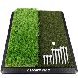 CHAMPKEY Dual-Turf Golf Hitting Mat | Come with 9 Golf Tees & 1 Rubber Tee | Heavy Duty Rubber Backing Golf Practice Mat Ideal for Indoor & Outdoor Training（13"x17", PRO Version）