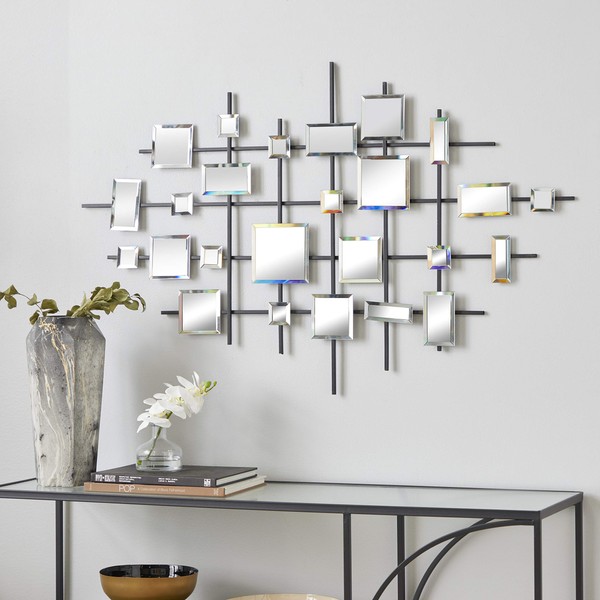 Deco 79 Metal Geometric Wall Decor with Square Mirrored Accents, 28" x 1" x 44", Black
