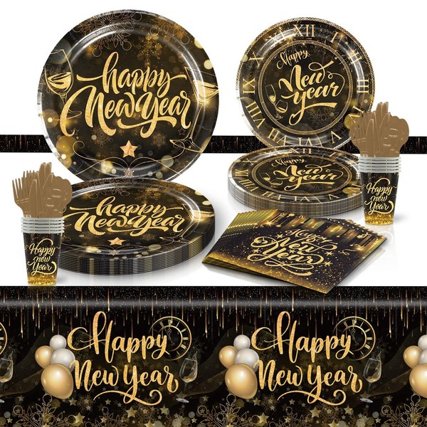 YaYuanSun 81 pieces New Year tableware set black gold new year tableware new year plate napkin cup for decoration 2024 new year Night Party Supplies 2024