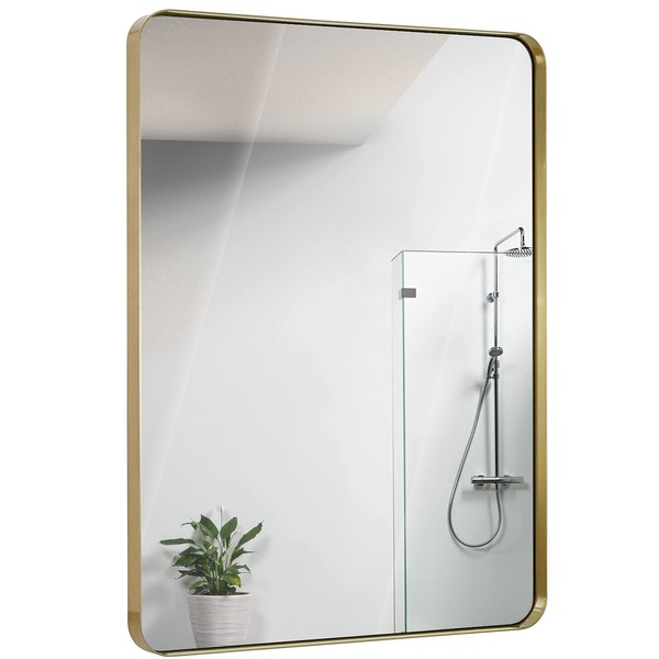 Hamilton Hills 30x40 inch Metal Gold Frame Mirror for Bathroom | Brushed Rectangular Rounded Corner Vanity | 2" Deep Set Design Large Wall Mirrors Decorative | Hangs Horizontal and Vertical