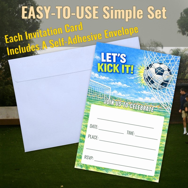 WENFLY Soccer Celebration Party Invitation Cards, Let's Kick It