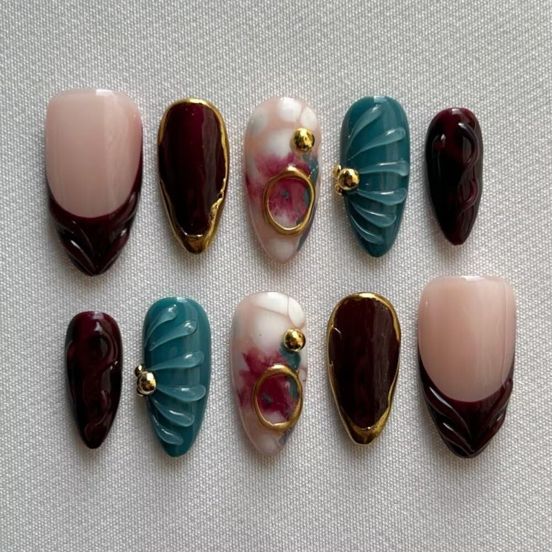 MAGLFELL Uñas Postizas de Gel de Otoño Almendradas de Longitud