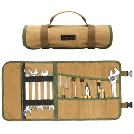 Canvas Tool Roll, Portable Roll Up Tool Pouch - 16OZ Waxed Canvas Wrench Organization | with 12 Slots & Elastic Band & 1 Zippered Pocket | for Pliers Chisels Spanners Screwdrivers