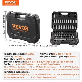 VEVOR Mechanics Tool Set and Socket Set with 1/4" 3/8" 1/2" Drive Deep and Standard Sockets, Max 450 Pcs SAE and Metric Tools, Portable Mechanics Kit Wrench Hardware:_1/4" - 54 Pcs