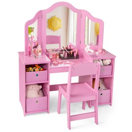 HONEY JOY Pink Kids Vanity Table, Princess Dressing Table with Tri-Folding Mirror, Open Storage Shelves & 4 Boxes, Toddler Wooden Makeup Table & Chair Set, Pretend Play Vanity Set for Girls (Pink)