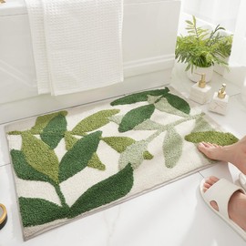 Huilimei Green Leaf Bathroom Rug Super Soft Fiber Absorbent Non-Slip Foot Mat Machine Washable Botanical Pattern Bath Mat for Bathtub,Sink,Bedroom