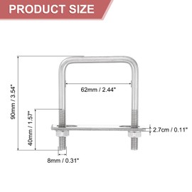 sourcing map 4Sets 304 Stainless Steel Square U-Bolts, 2.44" (62mm) Inner Width 3.54" (90mm) Length M8 with Nuts, Frame Plate, Gasket for Automobiles Trailer, Ski Boat, Fishing Boat, Pipelines