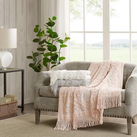 Madison Park 100% Cotton Tufted Chenille Design With Fringe Tassel Luxury Elegant Chic Lightweight, Breathable Cover, Luxe Cottage Room Décor Summer Blanket, 50" x 60", Blush