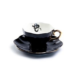 Grace Teaware Snake Black Fine Porcelain Tea Cup and Saucer with Hand Painted Gold Trim, Spooky