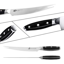 TUO Carving Knives & Forks - Barbecue knives 8'' - Meat Cutting Fork-Shaped Tip Utility bbq Knives - German X50CrMoV15 Steel Knife - Full Tang Pakkawood Handle with Gift Box - BLACK HAWK Series