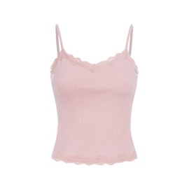 SOLY HUX Girl's Sleeveless Lace Trim Camisoles Spaghetti Strap Ribbed Crop Tank Tops Plain Light Pink 10-11Y