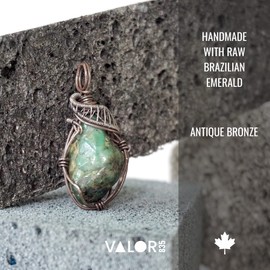 Valor 835 Raw Men’s Emerald Pendant in Antiqued Sterling Silver with 24 inch Black Leather Necklace - May Birthstone