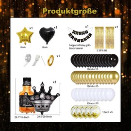 Black Gold Party Decoration Birthday Set, Black and Gold Balloons Birthday, Gold Black Happy Birthday Banner Garland Pompoms Tinsel Curtain for Men Women Birthday Decorations