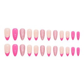 Press on Nails Medium Almond SWEKKE French Tip Fake Nails Pink Full Cover Glue on Nails Rose Pink Glitter False Nails with Designs Glossy Stick on Nails Artificial Acrylic Nails for Women Girls 24 Pcs