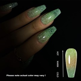 Redykat Handmade Color Changing 24PCS Glossy Coffin Press On Nails, Salon Quality Nail art, Extra Long Acrylic Fake Nails, False Nails, Home Quick Manicure (thermochromic green)