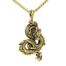 Chinese Dragon Necklace for Men, Hip Hop Dragon Necklace, Norse Viking Dragon Head Pendant Necklace with 23.6"Chain, Stainless Steel Punk Rock Dragon Pendant, Vintage Animal Dragon Necklace Jewelry for Men (Gold)