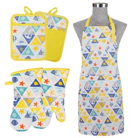 Alselo Oven Mitts and Pot Holders with Chef Apron,Set of 5 Heat Resistant Kitchen Gloves and Silicone Non-Slip Potholders Adjustable Neck Buckle Apron, Cotton Nice Design for Cooking (Sea Fish)