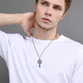 HUKKUN Celtic Cross for Men Sterling Silver Green Created Malachite Irish Cross Necklace Celtic Jewelry Gift for Men