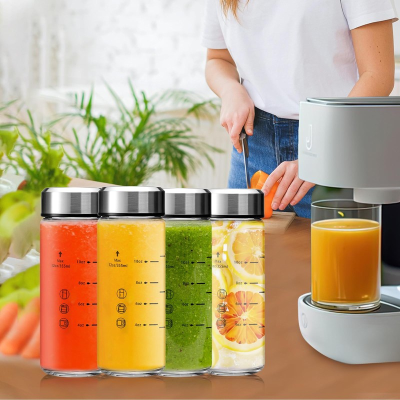 Olivego 12oz Juice Bottles - 4 Pack Wide Mouth Glass