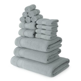 MoNiBloom 15-Piece 100% Cotton Bath Towel Set for Bathroom Gym, Contains 1 Bath Sheet 35x70, 2 Bath Towels 27x54, 2 Hand Towels 16x28, 10 Washcloths 12x12, Highly Absorbent Ultra Soft Quick-Dry Gray