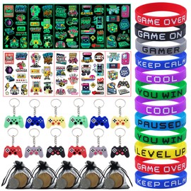 Sroeeshee Video Game Party Bag Fillers - Birthday Party Gift Keychain Game Bracelet Tattoo Stickers, Organza Drawstring Pockets for Kids Boy Gaming Themed Birthday Decorations Supplies
