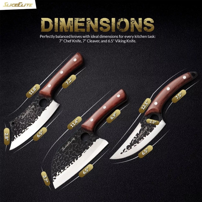 Chef Knife SliceElite 3-Piece Hand-Forged Butcher Knife Set: Chef, Cleaver,