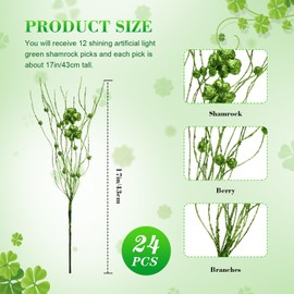 Geyoga 24 Pcs St Patricks Day Flowers, 15.7'' Shamrock Floral Picks and Sprays, Glitter Artificial Clover Stems Branches Bouquet for St. Patricks Day Table Centerpieces Home Decor (Light Green)