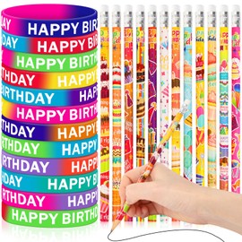 JUNEBRUSHS 72pcs Happy Birthday Rubber Bracelets Silicone Wristbands Pencils Set Bulk Birthday Party Favors for Students Kids Teachers Classroom Reward Gifts Birthday Decorations Party Favors Supplies