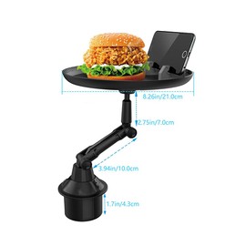 JSCARLIFE Car Cup Holder Food Tray, Car Tray Table for Eating with Cell Phone Slot, Adjustable Car Snack Tray with 360° Rotating Swivel Arm and Adjustable Extendable Base