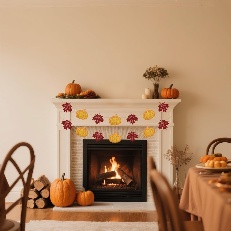 SerpizePaty Thanksgiving Banner, Pre-Strung Fall Maple Leaves Banner With Pumpkin,
