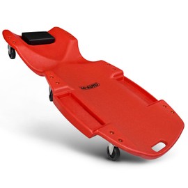 M-AUTO Mechanic Plastic Creeper with Dual Tool Trays, 48" Ergonomic Rolling Garage Shop Creeper with Padded Headrest, 4 Noiseless Casters 350LBS Capacity Red