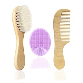 Molylove Baby Hair Brush with Wooden Handle and Comb Set for Newborns & Toddlers | Natural Soft Goat Bristles l Wood Comb l Purple Silicone Brush| Ideal for Cradle Cap (3 Piece)