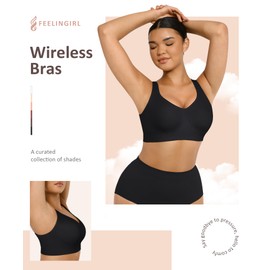 FeelinGirl Wireless Bras for Women No Underwire Bralettes Adjustable Straps Full Coverage Bras with Support Soft Everyday Bras Seamless Bra Black L
