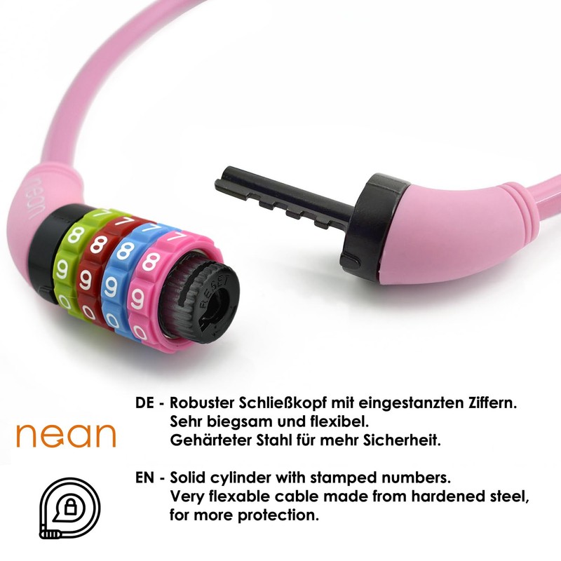 Nean children's-bicycle-cable-lock, number code combination lock in colourful design, 10