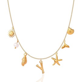 Initial Charm Necklaces for Women Girls 14K Gold Plated A-Z Letter Necklaces Shell Boho Summer Seashell Alphabet Choker Necklace Starfish Surfer Monogram Name Necklace Beach Jewelry Gifts (Gold-Y)