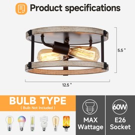 2 Light Farmhouse Flush Mount Ceiling Light,Black Metal+White Wood-Look Finish Industrial Round Ceiling Light Fixtures, Rustic Drum Ceiling Lights for Hallway, Entryway, Kitchen, Bedroom and Porch Etc