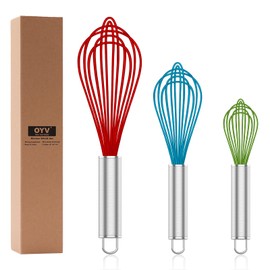 OYV Silicone Rubber Whisk,Premium Whisks For Cooking Non Scratch,Stainless Steel & Silicone Wisk For Nonstick Cookware Pans, High Heat Resistant kitchen Whisks set of 3,Red+Blue+Green