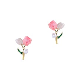Cute Tulip Flower Stud Earrings for Women 925 Sterling Silver Faux Pearl Floral Pink Enamel Catilage Hypoallergenic Small Studs Earring Elegant Jewelry Gifts Birthday